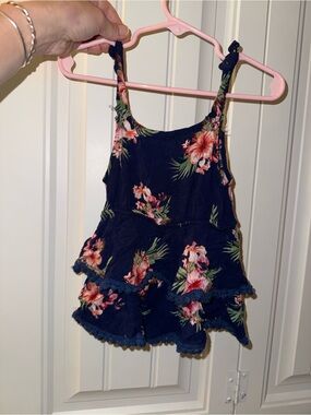 Persaya Navy Floral Ruffle Top with Adjustable Shoulder Ties